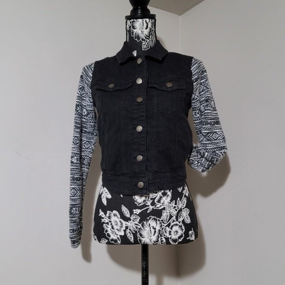 TinselTown Denim Couture Dark Wash Jean Jacket Button Up Knit Sweater Sleeve xs - Picture 2 of 11